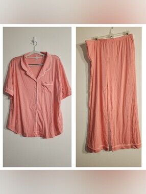 Salmon Pink XL Button-Front Pajama Set with Contrast Trim NWOT
